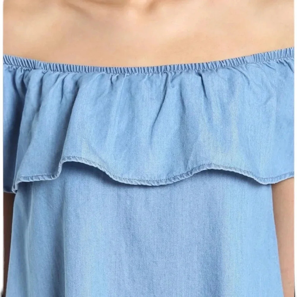 Velvet Heart Chambray Off Shoulder Ruffle Blouse Medium Top